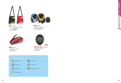 KKC-01(Red,Black) Leisure bag - $18,00    KMB-01(Red) Mini bag - $12,75 <br>
KMB-02（Yellow;Blue） Mini bag - $13,80    TRECOVER Traning racket - $5,00
